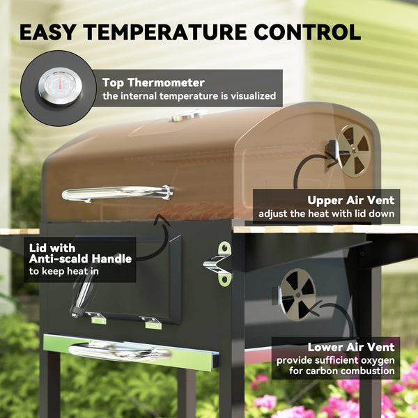 Charcoal barbecue on wheels with adjustable charcoal tray