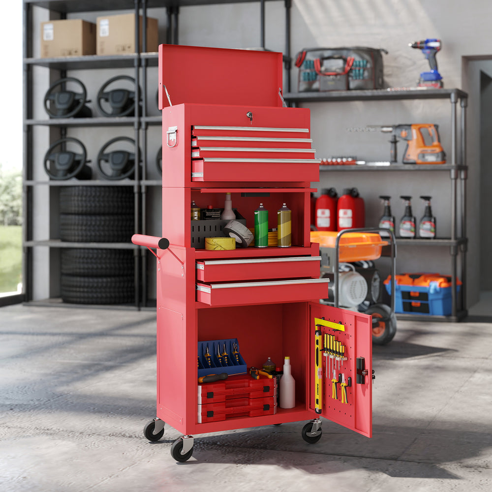 3-in-1 rolling tool chest, 6 drawers and perforated panel, red.