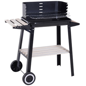 Charcoal barbecue with side shelves, storage shelf and wheels