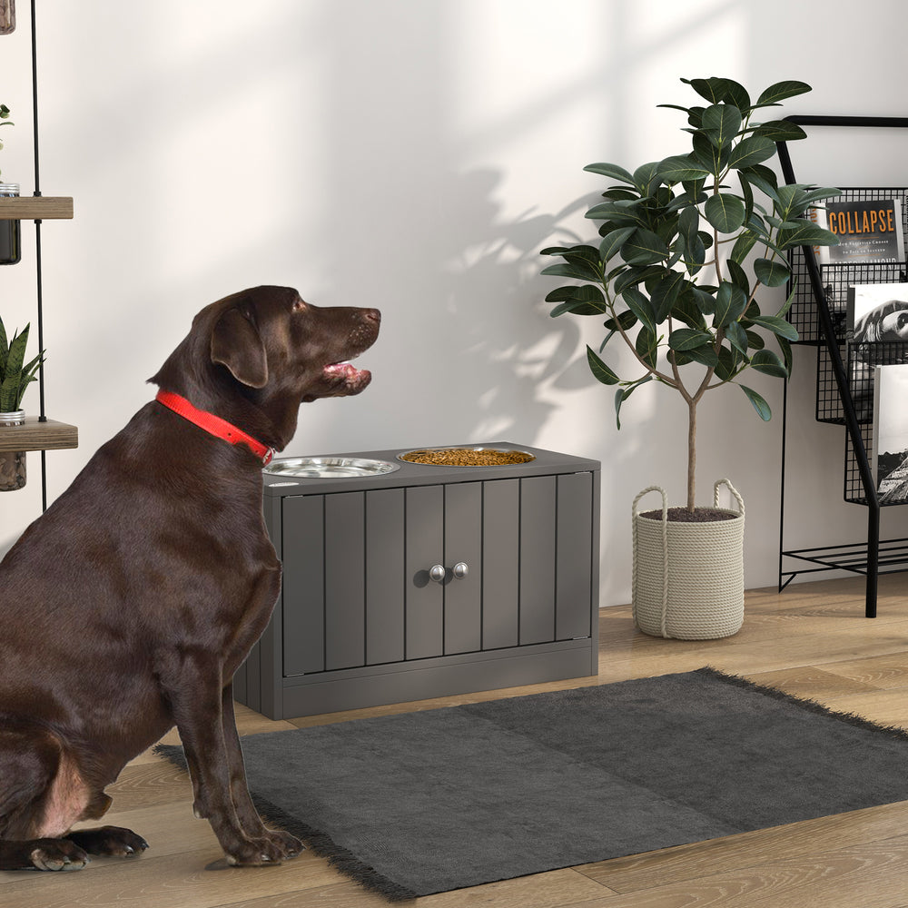 Elevated dog bowls with stand and storage, grey