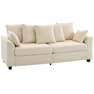 3-seater corduroy sofa with curved armrests and 8 removable cushions, beige