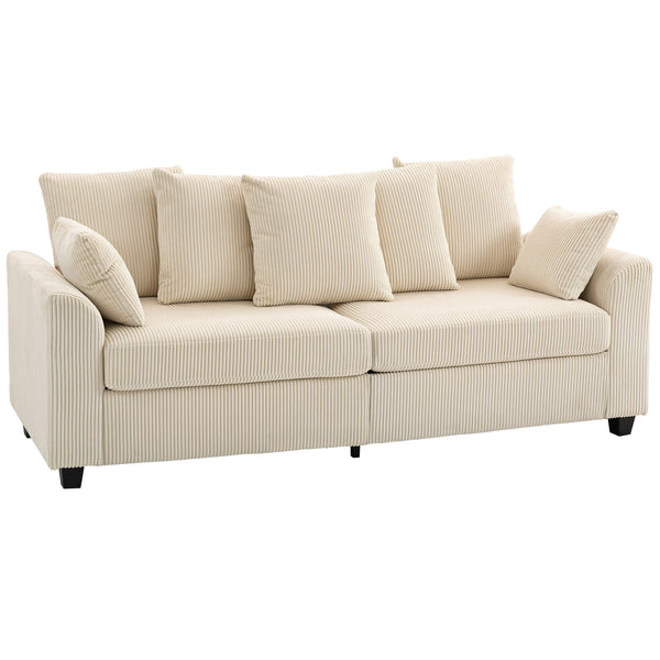 3-seater corduroy sofa with curved armrests and 8 removable cushions, beige