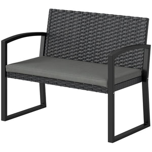 Two-seater outdoor rattan bench with cushion, grey