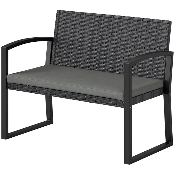 Two-seater outdoor rattan bench with cushion, grey
