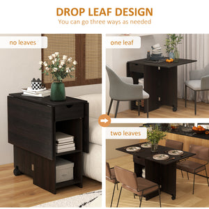 Folding dining table with drawer and storage shelves dark brown