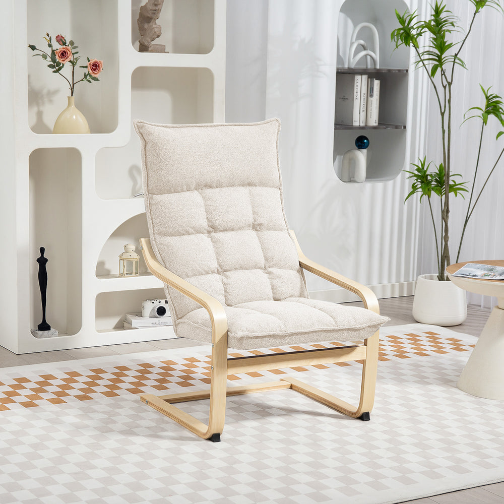 Upholstered accent chair with curved legs and armrests, cream white