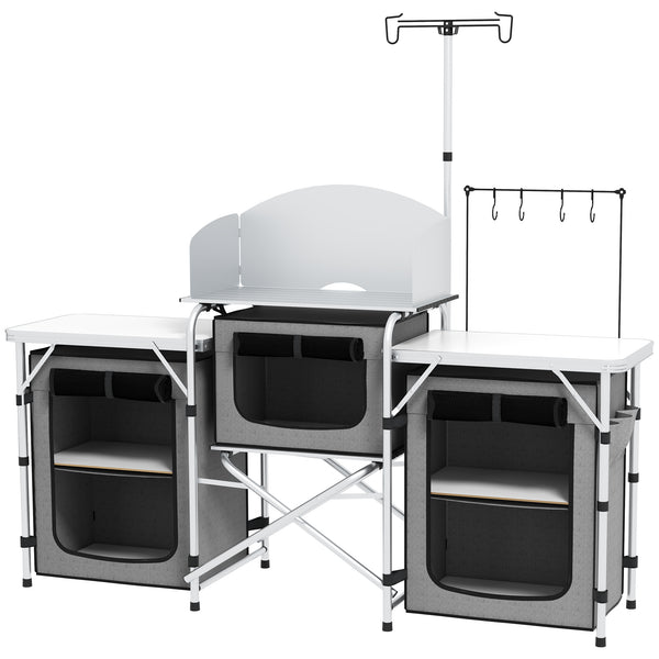 Portable folding aluminum camping kitchen with fabric cupboards, grey