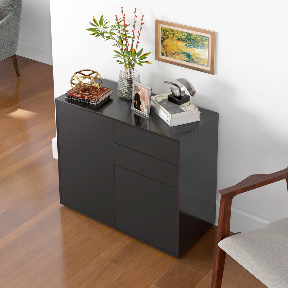 Glossy lacquered sideboard with 2 drawers, 2 doors and an adjustable shelf, push-to-open, black