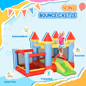 Qaba 9.2 x 9.5FT Bounce House, 4-in-1 Inflatable Bouncy Castle for Kids with Trampoline, Slide, Water Pool, Basket, Blower