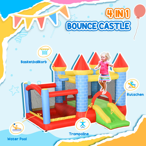 Qaba 9.2 x 9.5FT Bounce House, 4-in-1 Inflatable Bouncy Castle for Kids with Trampoline, Slide, Water Pool, Basket, Blower