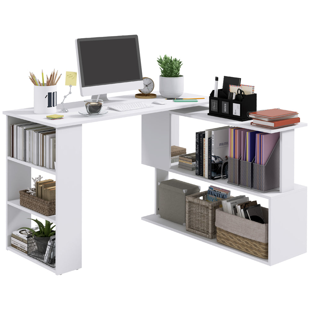 47" L-shaped corner desk, 360° rotating, reversible, with storage shelf, white