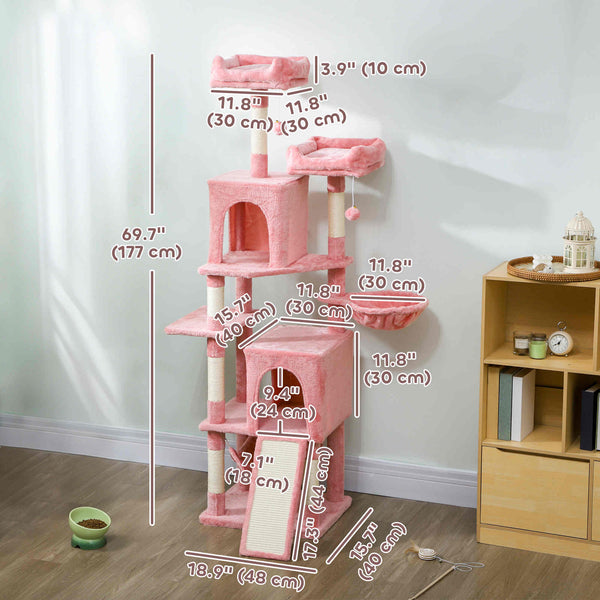 178cm Multi-Level Cat Tree with 2 Cabins, 2 Perches, Hammock, Play Balls, Pink