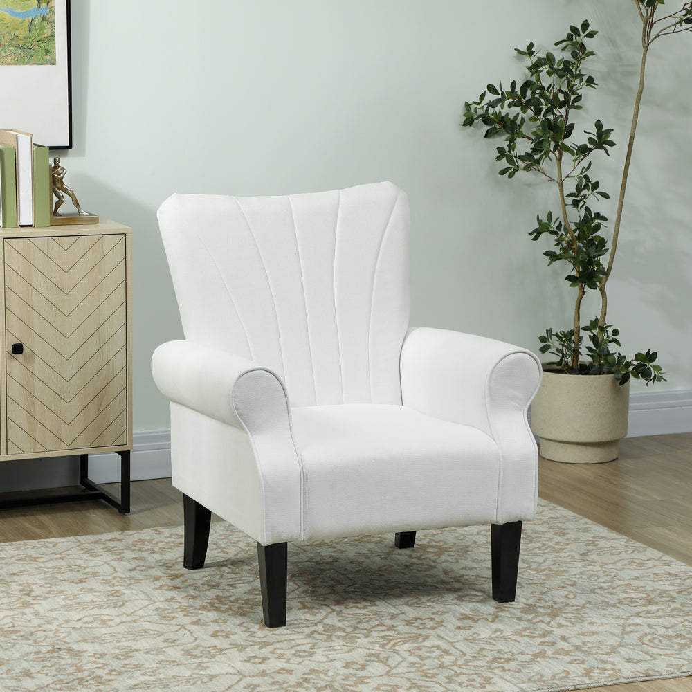Modern fabric accent chair with wooden legs, cream white