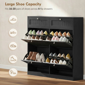 Shoe cabinet with 2 large tilt-out drawers in country style with 2 top compartments, black
