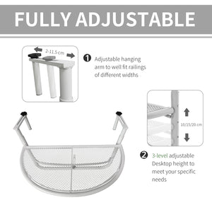 Adjustable metal balcony table, half-round serving table, white