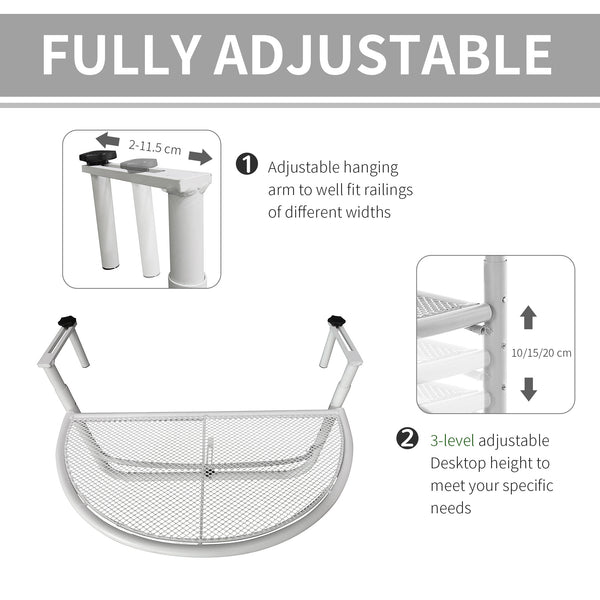 Adjustable metal balcony table, half-round serving table, white