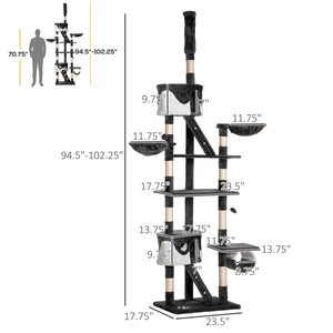 Adjustable cat tree from 240 to 250 cm, ceiling height, scratching post, activity center, dark gray