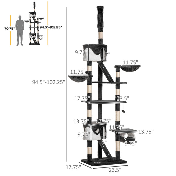 Adjustable cat tree from 240 to 250 cm, ceiling height, scratching post, activity center, dark gray