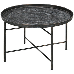 Vintage round coffee table with hammered top and metal frame, pewter color