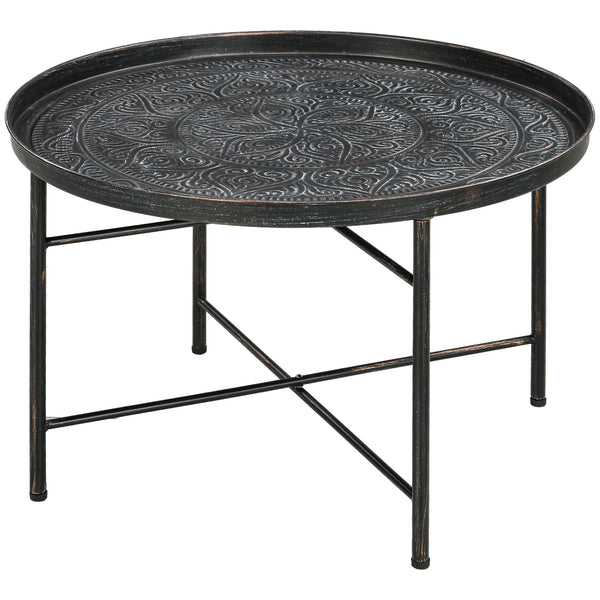 Vintage round coffee table with hammered top and metal frame, pewter color