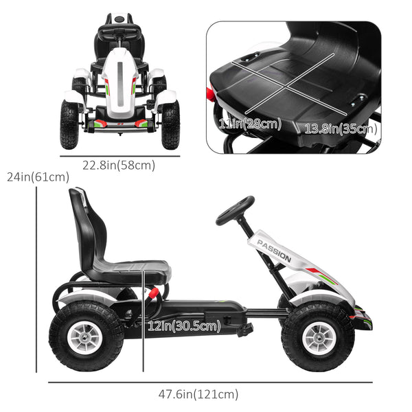 Pedal go-kart with hand brake, 4 rubber wheels, white
