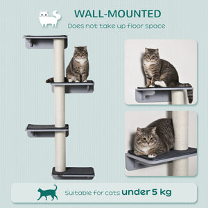 Wall-mounted cat tree with 4 platforms and 3 scratching posts, light grey