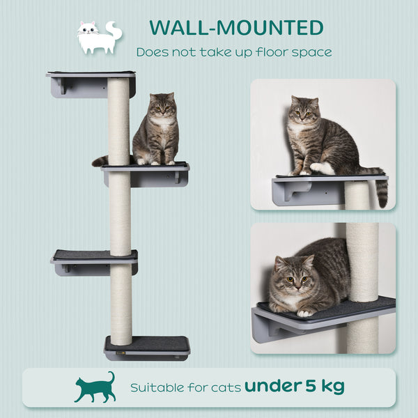 Wall-mounted cat tree with 4 platforms and 3 scratching posts, light grey
