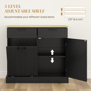 Tilt-out hidden trash can cabinet with 2 drawers, black