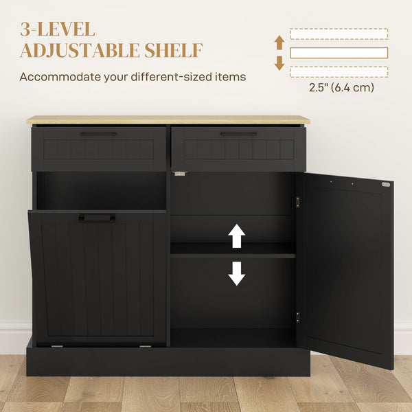 Tilt-out hidden trash can cabinet with 2 drawers, black
