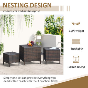Set of 3 Wicker Nesting Tables Patio Rattan Snack End Side Tables Hand Woven All Weather Garden Outdoor Home Furniture Brown