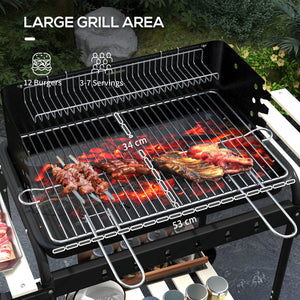 Height-adjustable charcoal barbecue with ash catcher and wheels, black