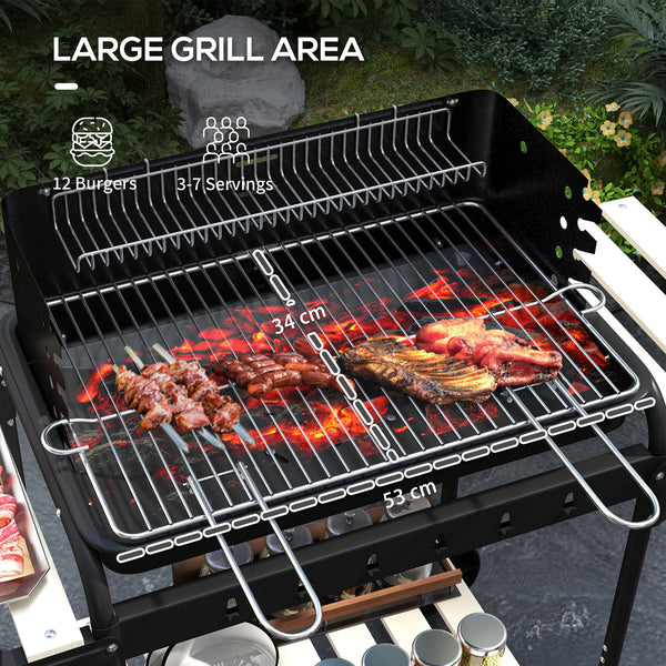 Height-adjustable charcoal barbecue with ash catcher and wheels, black