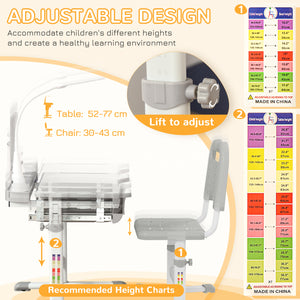 Height-adjustable desk and chair set with tilting top, gray