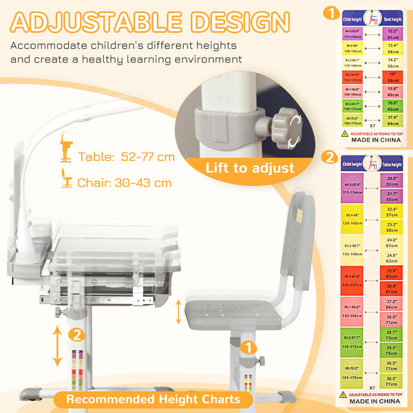 Height-adjustable desk and chair set with tilting top, gray