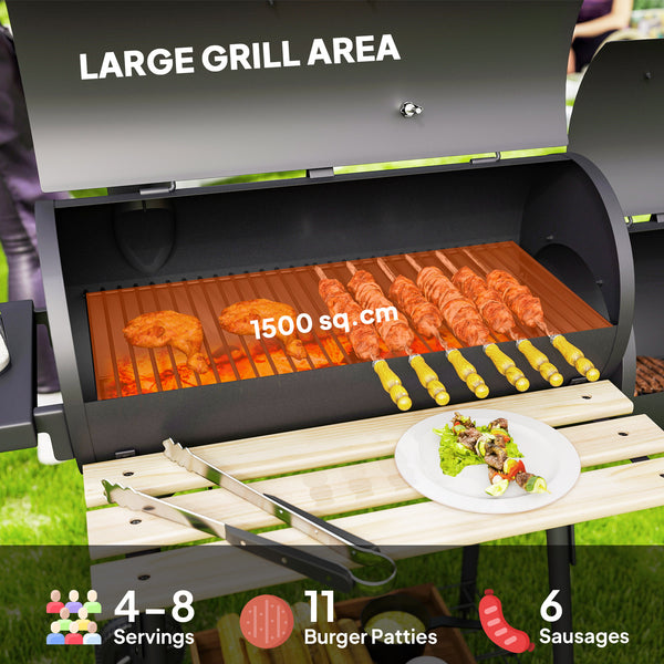 Charcoal BBQ Grill with Offset Smoker Portable Backyard Cooking Smoker, 124 x 53 x 104 cm, Black