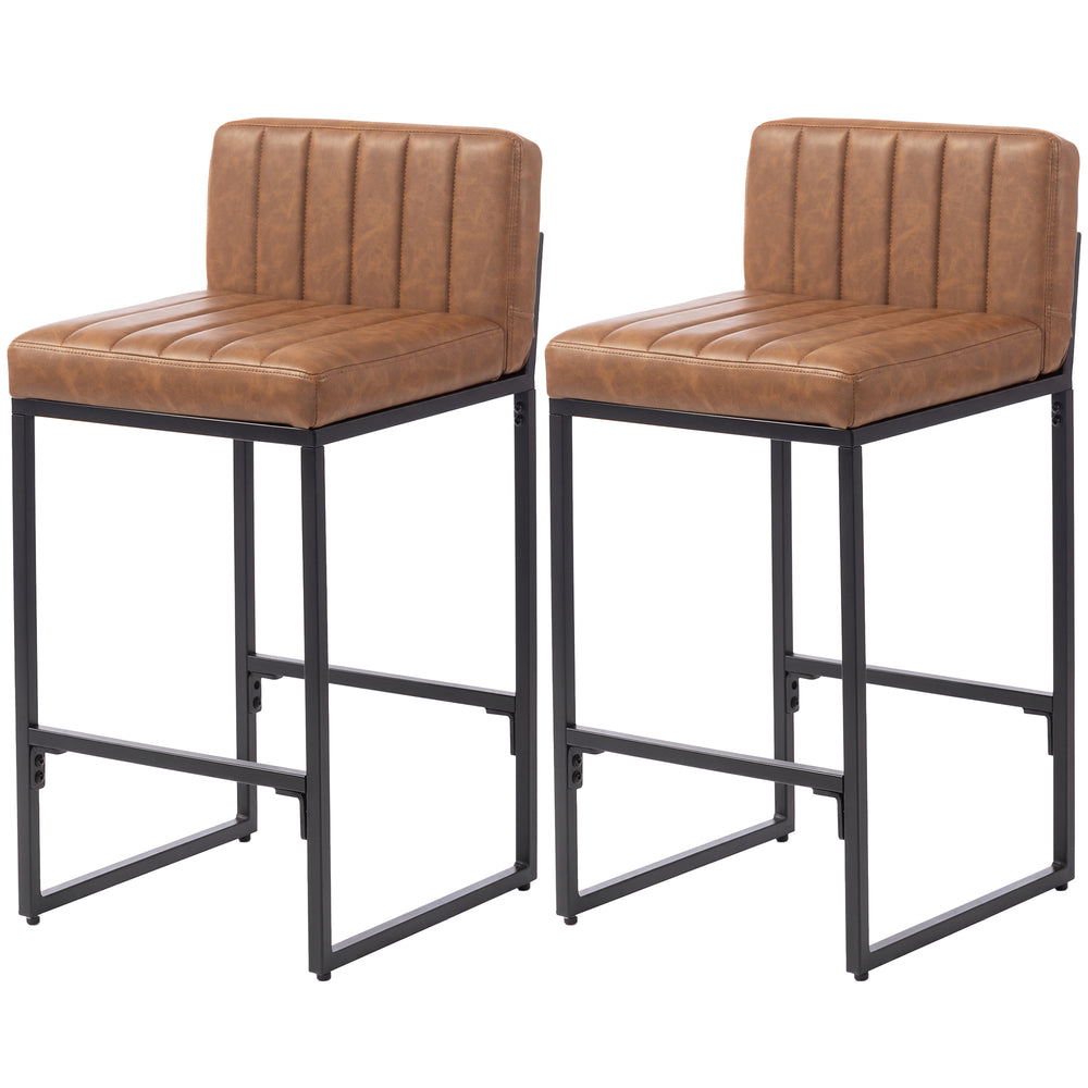 Set of 2 faux leather bar stools with curved backrest and footrest, brown