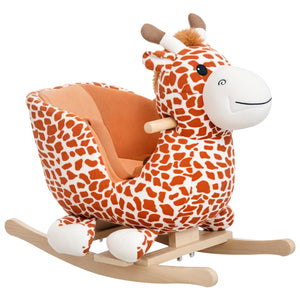 Wooden and plush rocking giraffe with sound and seat belt 