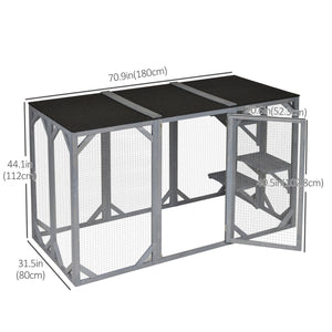 Wooden Cat Cage with Waterproof Roof, Multi-Level Platforms, Lockable, Grey