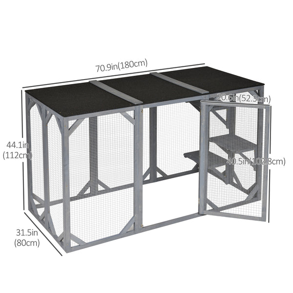Wooden Cat Cage with Waterproof Roof, Multi-Level Platforms, Lockable, Grey