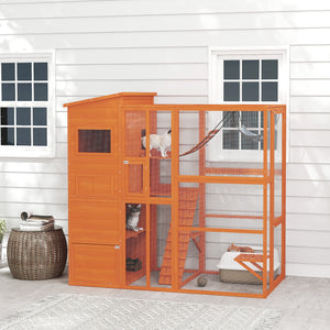 Cat enclosure with condo, jumping platforms, ladder, ramps and hammock, orange