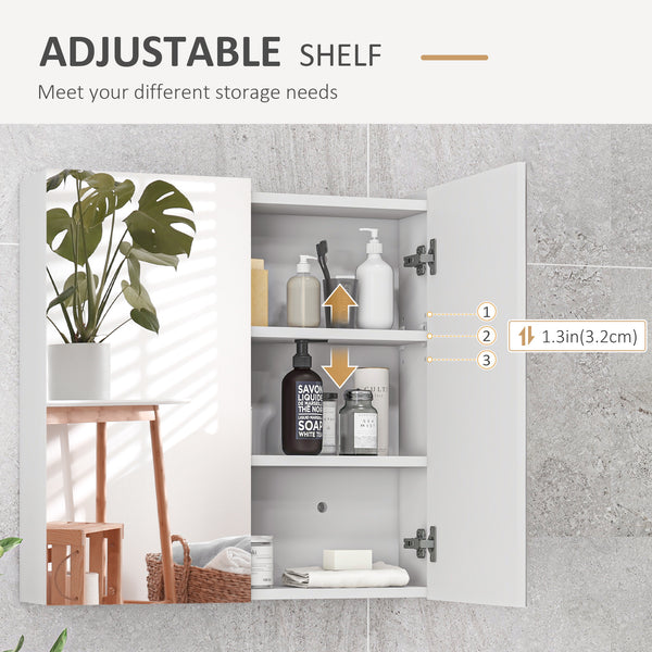 Wall-mounted medicine cabinet with mirrored doors, adjustable shelves, and soft-close mechanism, glossy white