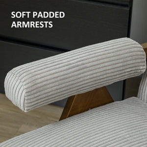 Corduroy accent chair with wide seat and padded armrests, light grey