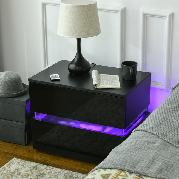 Modern Bedside Table with 2 Drawers and USB Powered RGB LED Lighting, Black.