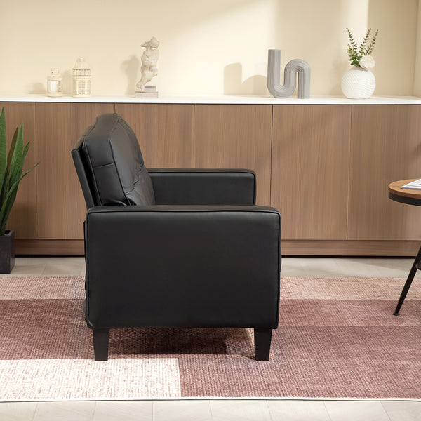 Double Upholstered Faux Leather Loveseat with Armrests, Black