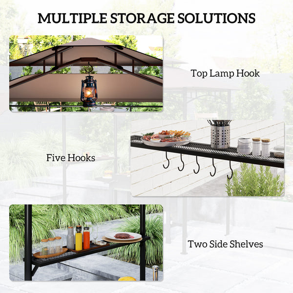 8' x 5' Grill Gazebo, Double Tiered Barbecue Grill Gazebo Shelter with Side Awning, 2 Side Shelves, 6 Hooks, Brown