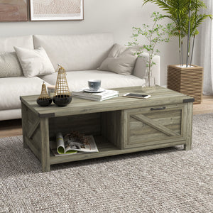 Rustic coffee table with drawer and storage shelf, gray