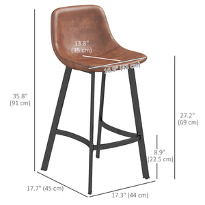 Set of 2 padded bar stools with backrest and steel legs, brown