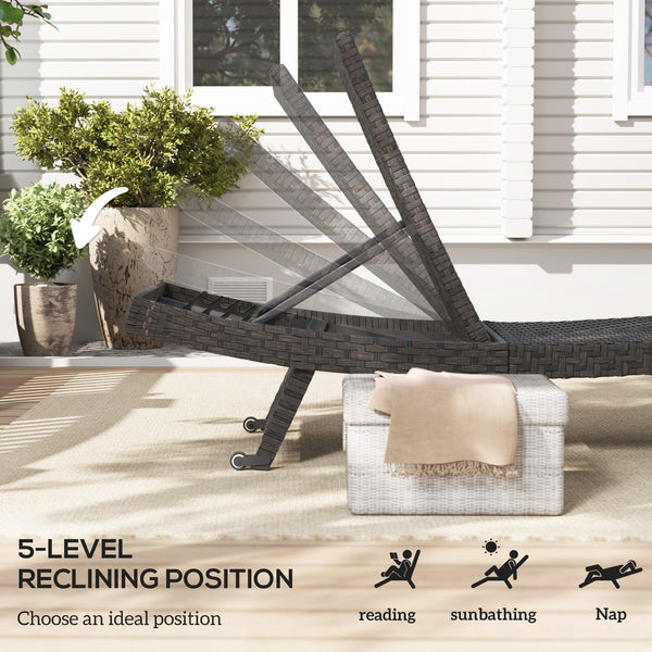 Outdoor Folding Rattan Reclining Lounge Chair with 5-Level Adjustable Backrest and Casters, Mixed Brown