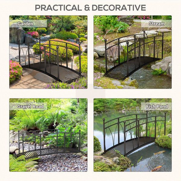 Metal garden walkway with railing and decorative scrolls, black