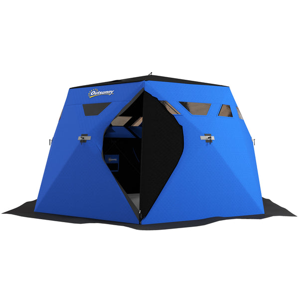 Insulated ice fishing shelter for 4 people, portable and foldable with carry bag and two doors, for temperatures down to -30°C, blue